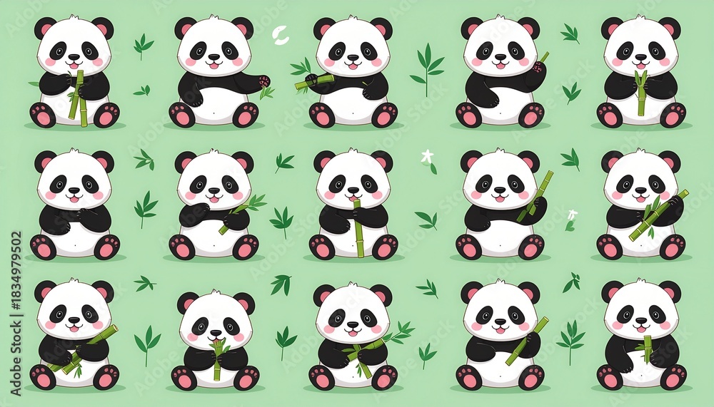 Fototapeta premium Adorable panda bears eating bamboo shoots create a charming and playful pattern that's perfect for children's designs and cheerful backgrounds