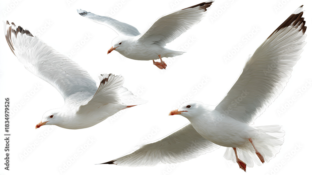 Obraz premium Seagulls flying isolated on white Stock Illustration white background 