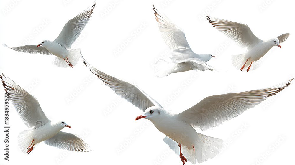 Obraz premium Seagulls flying isolated on white Stock Illustration white background 