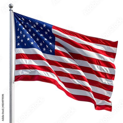 American Flag Waving Proudly: The American flag billows against the wind, its vibrant stars and stripes a bold statement of freedom and national pride.