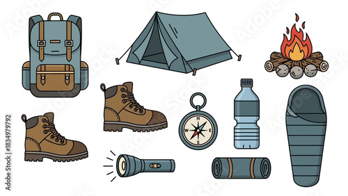 Camping and hiking equipment vector illustration featuring essential items for outdoor adventures
