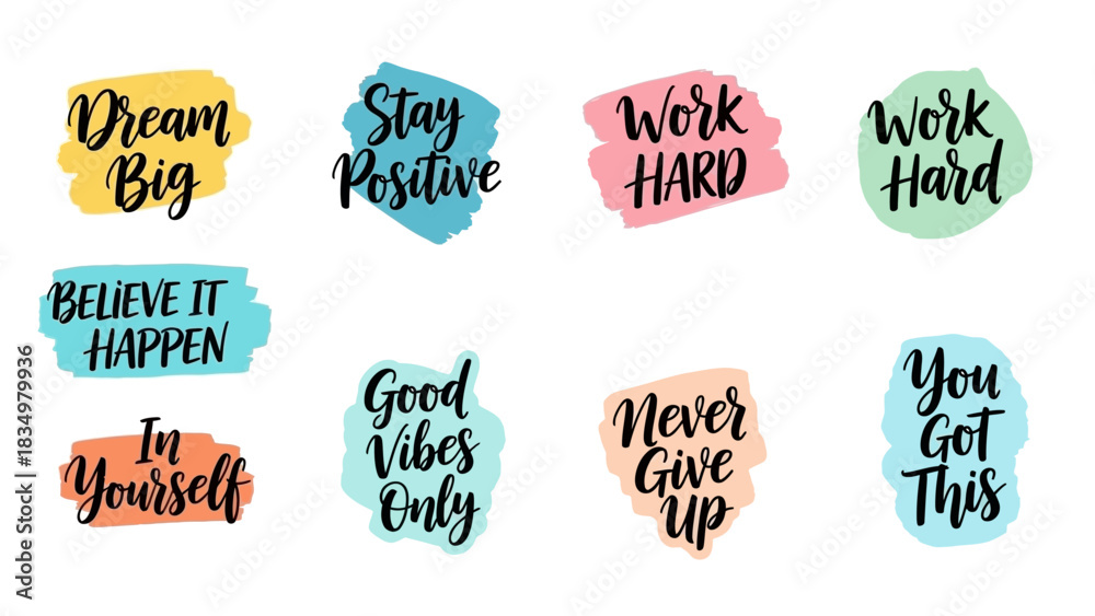 Fototapeta premium Collection of Colorful Inspirational Quotes on Brush Stroke Backgrounds for Motivation