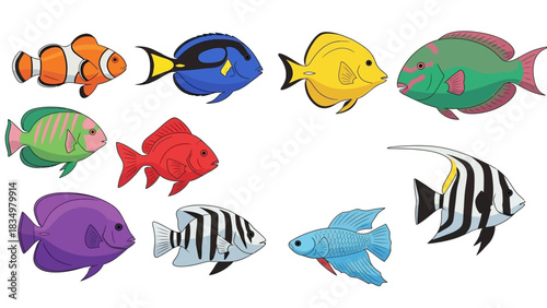 Collection of colorful cartoon tropical fish illustrations on a white background perfect for
