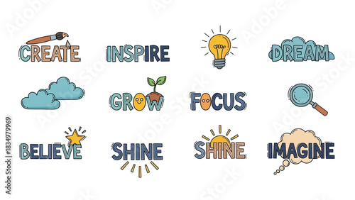 Collection of creative and inspirational words with doodle style illustrations for business concept