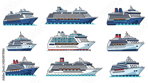 Collection of cruise ships illustrations with various designs on a white background
