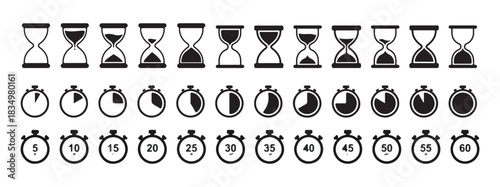Set of black and white hourglass icons displaying various levels of sand, alongside stopwatches indicating time progression