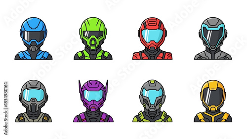 Collection of futuristic helmet designs in various colors and styles for sci-fi characters