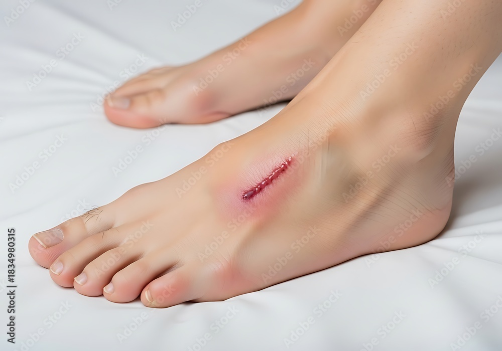 Fototapeta premium A deep cut on the foot shows irritation and a bloody wound.