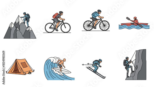 Collection of outdoor adventure sports and activities illustrations including climbing and cycling