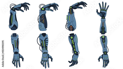 Collection of Robotic Arms with Various Designs and Futuristic Elements Detailed illustration