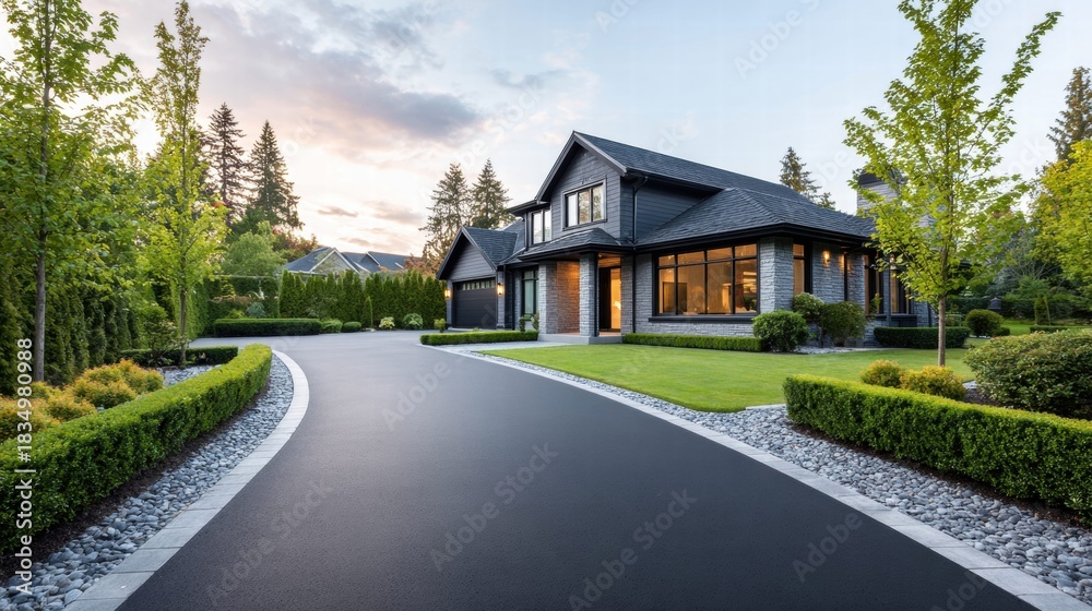 Naklejka premium Luxury home with a long driveway and lush landscaping at sunset
