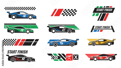 Collection of racing car illustrations with start and finish line graphics and checkered flag elements.