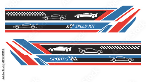 Two racing-themed banners featuring stylized race cars on a black track with checkered flags and red, white, and blue stripes.