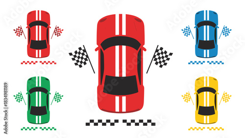 Top-down view of five colorful race cars with white stripes, checkered flags, and finish line patterns, ready for a race.