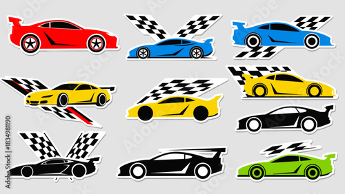 A collection of colorful stylized racing car stickers with checkered flags, perfect for automotive and sports themes.