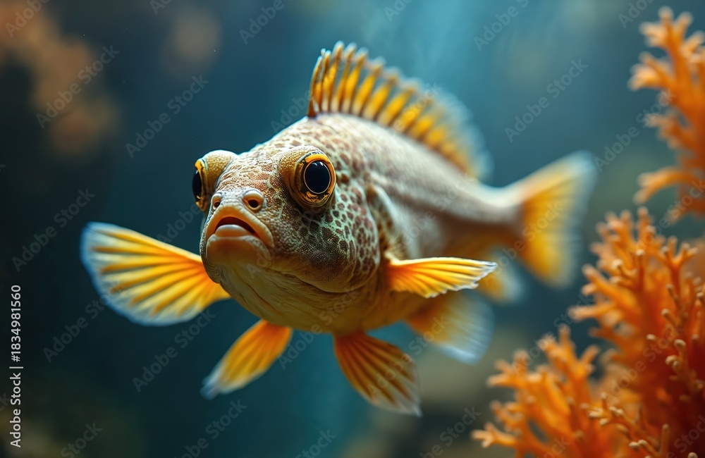 Obraz premium Orange finned fish swims in clear blue aquarium water near coral reef. Close up view of marine animal with scales and big eyes. Underwater world with aquatic life and ocean dweller.