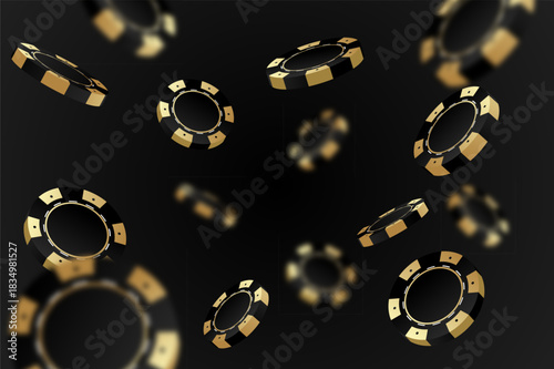 Black gold casino chips falling in different positions on transparent background. Golden poker chips isolated backdrop with defocused blur elements, vector 10 eps.