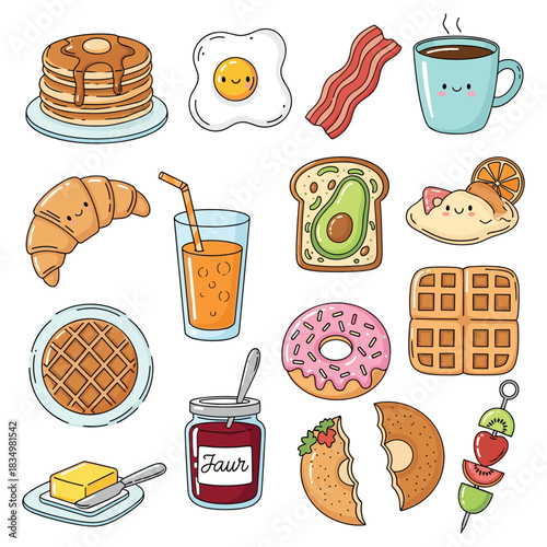 A delightful set of cute kawaii breakfast food icons. A hand-drawn doodle collection of pancakes, eggs, bacon, and coffee