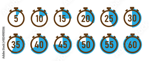 Collection of blue and brown stopwatch icons indicating various time intervals from 5 to 60 minutes