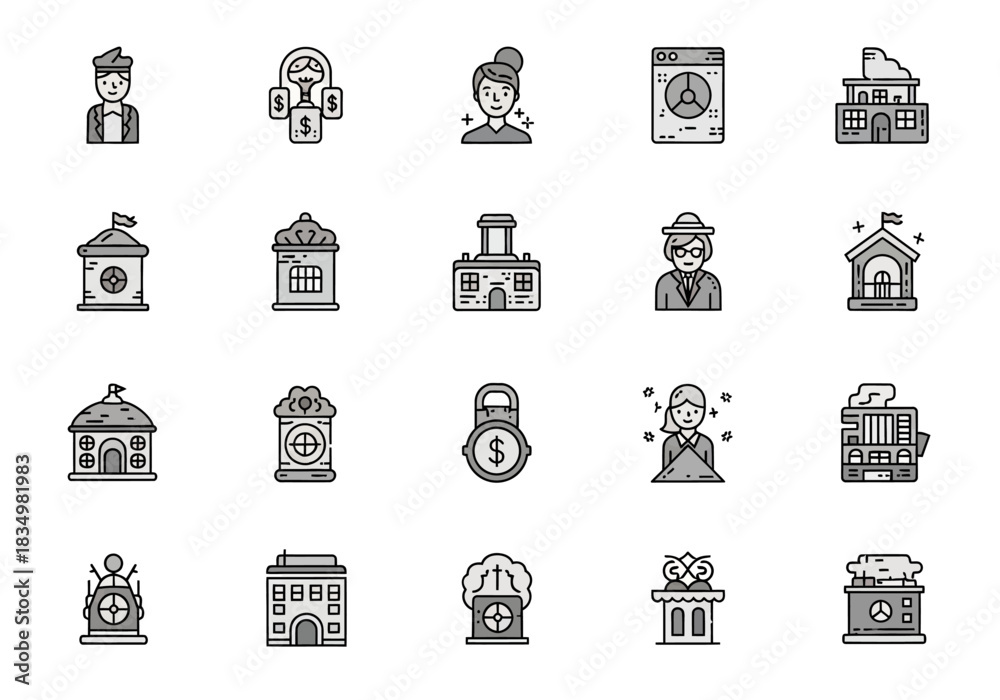 Fototapeta premium A grid of 20 black and white line icons depicting people and various structures