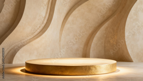 Wabi-Sabi Curved Wall & Golden Display Stand Scene