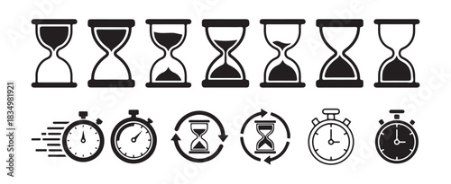 Time icons set including hourglass and stopwatch symbols, representing concepts of passage of time countdown deadline