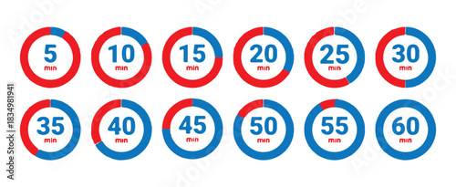 Series of colorful circle timer icons indicating minute intervals from 5 to 60 minutes in red and blue