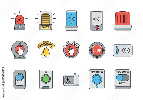 A collection of vector icons depicting various alert control and access buttons