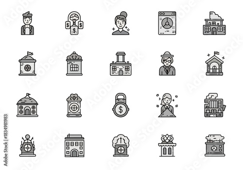 A grid of 20 black and white line icons depicting people and various structures