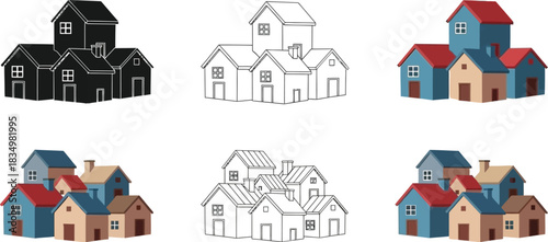 Charming house clusters in colorful flat designs for neighborhood illustrations