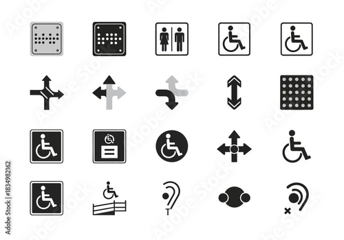 Collection of accessibility navigation and directional pictograms on a white background