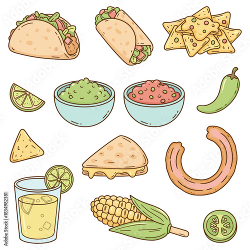 Hand-drawn collection of cute cartoon Mexican food icons. A set of traditional dishes like tacos, burritos, and nachos