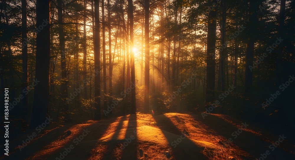 Fototapeta premium Sunlight streams through forest trees creating a mesmerizing golden hour woodland scene