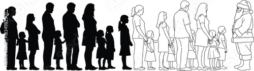 Black and white silhouette of families eagerly waiting to see Santa Claus