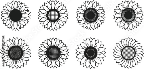 Elegant sunflower outline icons perfect for summer designs and craft projects