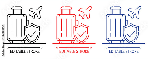 Safe travels with baggage protection and travel insurance for worry free journeys, travel safely, travel insurance, baggage protection, editable stroke.