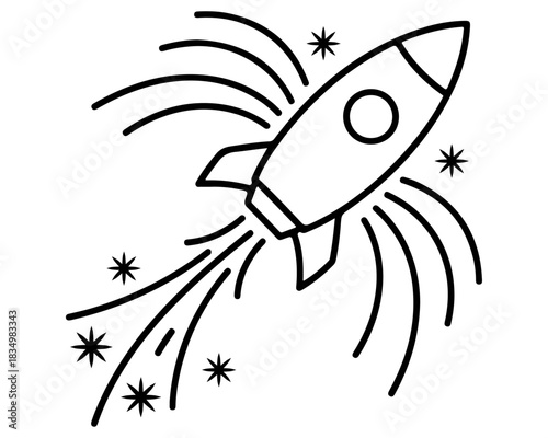 Dynamic line art illustration of a rocket launching with a starry trail and energetic speed lines, symbolizing innovation, startup success, ambitious goals, and rapid progress