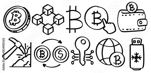 Set of hand drawn Bitcoin theme Isolated Vector
