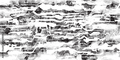 Glitch distorted grungy endless pattern . Cyber punk seamless pattern texture. Textured futuristic background . Glitched shapes with dots and lines .Screen print repeating pattern texture