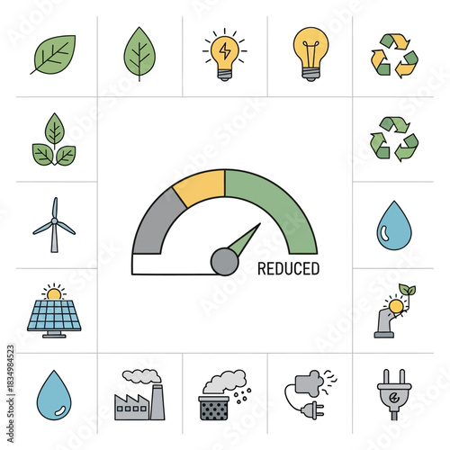 Environmental conservation and energy reduction icons with gauge.