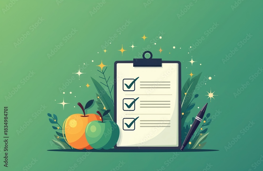 Fototapeta premium Checklist with apples and pen represents healthy food plan. Visual graphic shows meal prep goals. Organic ingredients are checked off list. Nutrition and wellness theme.