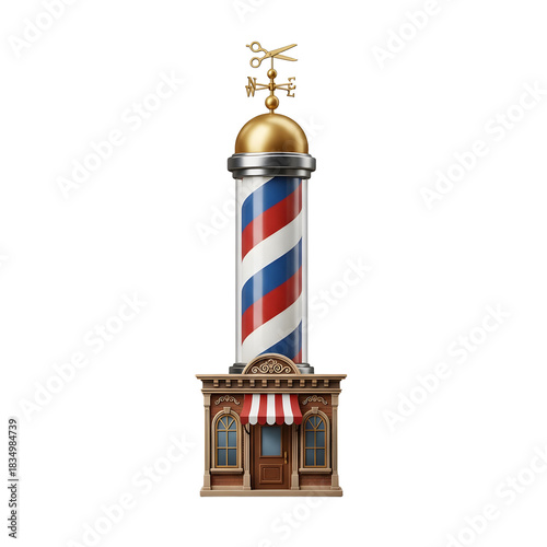 Barber Shop Pole Figurine with Gold Accents and Weather Vane.