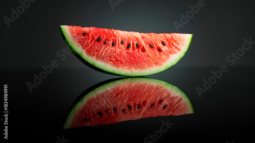 Fresh Watermelon Slice with Reflection. Summer Fruit, Juicy Dessert, Healthy Snack.