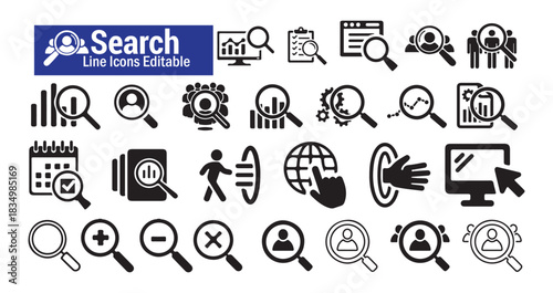 Search line icons editable set for data analysis business strategy research and user finding concept