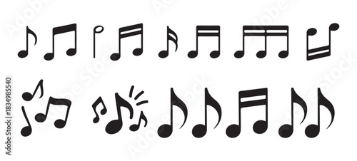 Various black musical notes for composing songs and melodies, flat design elements for audio concepts