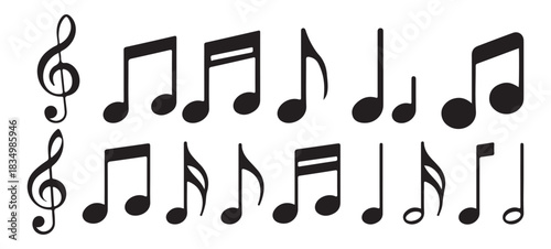 Black musical notes set for composing songs and melodies, flat design elements for audio concepts