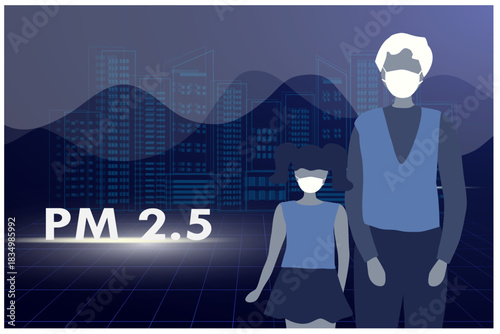 Sensitive people wearing face masks tor protect smoke, dust and air pollution in city, factory pipes and industrial smog vector illustration. Environment and air pollution concept background