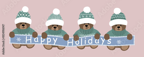 Cute Teddy Bears Holding Poster "Happy Holidays". Merry Christmas Greeting Card Template. Four different Toys Bear in Green Winter Sweaters, Hats. Vector illustration in Green, White, Brown on Pink