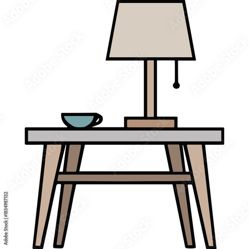 Minimalist Beige Table Lamp with Light Blue Bowl on a Light Gray Tabletop Against a Black Background
