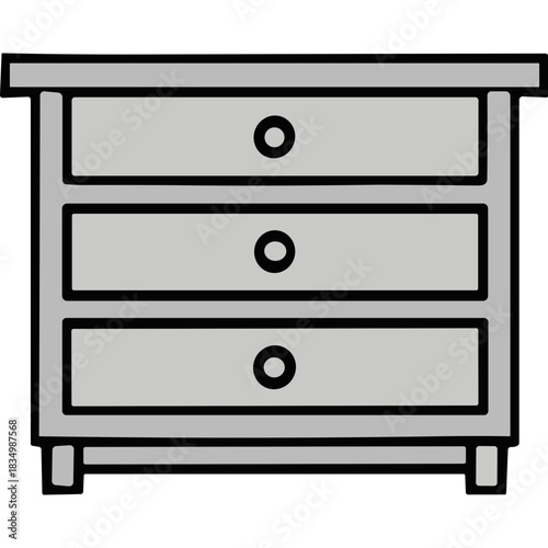 Minimalist Gray Three Drawer Dresser With Round Knobs And Simple Legs On A Black Background